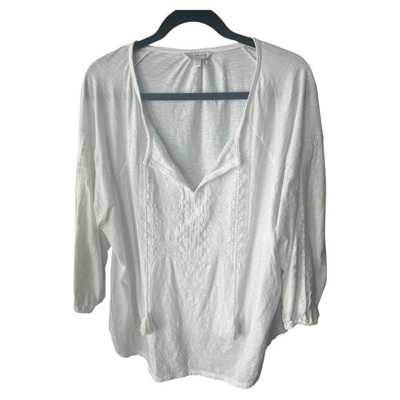Lucky Brand Women’s 1X White Embroidered Boho Peasant Blouse Tassel Top - Picture 1 of 10